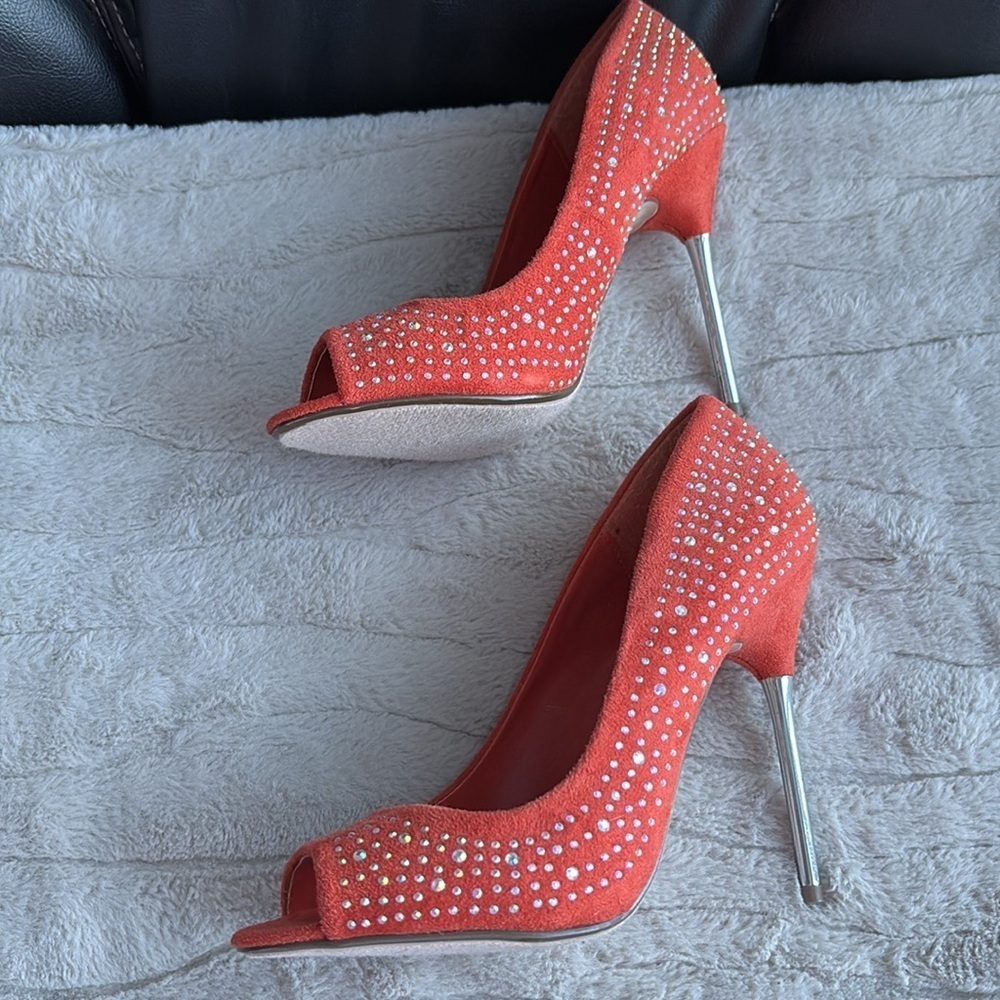 Orange Rhinestone Peek Toe Pumps - Picture 3 of 9
